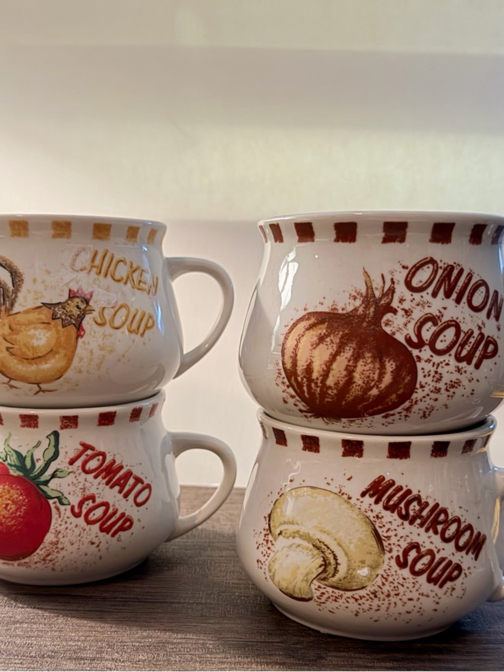 Vintage White Soup Mugs with Red & Brown Illustration Set